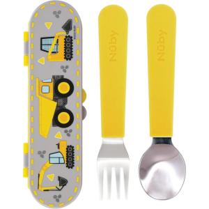 image:imageNuby Stainless Steel Toddler Utensils with Travel Case  SelfFeeding Fork amp Spoon Set for Kids  EasytoHold Training Utensils  Rounded Safe Edges for SelfFeeding  UnicornsConstruction Zone