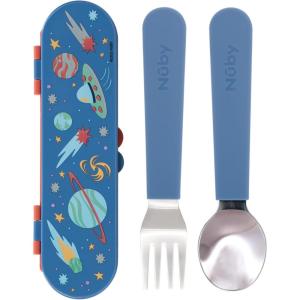 image:imageNuby Stainless Steel Toddler Utensils with Travel Case  SelfFeeding Fork amp Spoon Set for Kids  EasytoHold Training Utensils  Rounded Safe Edges for SelfFeeding  UnicornsGalaxy