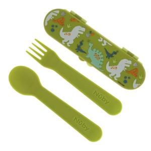 image:imageNuby Toddler Utensils with Travel Case  SelfFeeding Fork amp Spoon Set for Kids  EasytoHold Training Utensils with Rounded Safe Edges for Independent Mealtime  RainbowsGreen with Dinosaurs