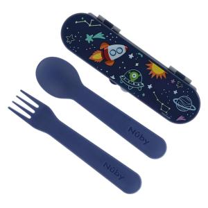 image:imageNuby Toddler Utensils with Travel Case  SelfFeeding Fork amp Spoon Set for Kids  EasytoHold Training Utensils with Rounded Safe Edges for Independent Mealtime  RainbowsBlue with Galaxy