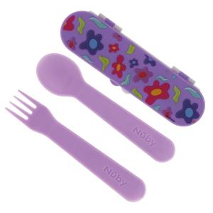 image:imageNuby Toddler Utensils with Travel Case  SelfFeeding Fork amp Spoon Set for Kids  EasytoHold Training Utensils with Rounded Safe Edges for Independent Mealtime  RainbowsPurple with Flowers