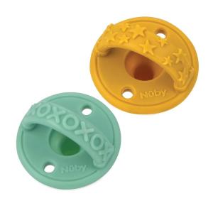 image:imageNuby 3D Sili Soother Pacifiers with Soft Handle and Two Safety Air Holes 2 Pack 0 Months Blue Spaceship and Gray MustacheYellow Stars and Aqua XOXO