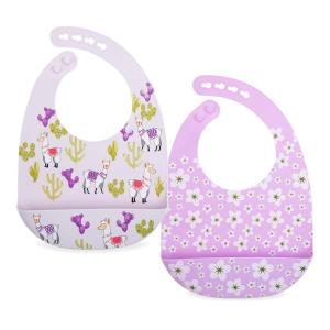 image:imageNuby 2 Pack Adjustable Easy Clean Soft Silicone Bibs with Scoop Tigers amp SquaresFlowers  Llama