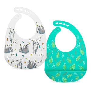 image:imageNuby 2 Pack Adjustable Easy Clean Soft Silicone Bibs with Scoop Tigers amp SquaresLeaves  Sloth