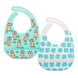 image:imageNuby 2 Pack Adjustable Easy Clean Soft Silicone Bibs with Scoop Tigers amp SquaresTigers  Squares