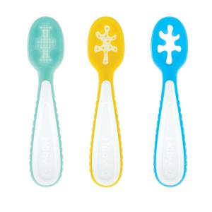 image:imageNuby 3Stage Babys First Spoons Set  3 Pack  6 Months  Baby Spoons with Easy Grip Handle  PastelsAqua  Yellow  Blue