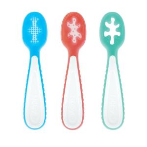 image:imageNuby 3Stage Babys First Spoons Set  3 Pack  6 Months  Baby Spoons with Easy Grip Handle  PastelsBlue  Red  Aqua