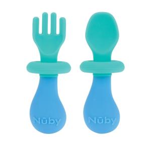 image:imageNuby First Fork and Spoon Set  Utensils with Safety Guards for Babies 6 Months  Orange and AquaGreen  Blue