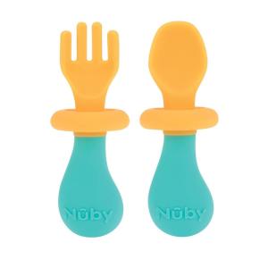 image:imageNuby First Fork and Spoon Set  Utensils with Safety Guards for Babies 6 Months  Orange and AquaOrange  Aqua