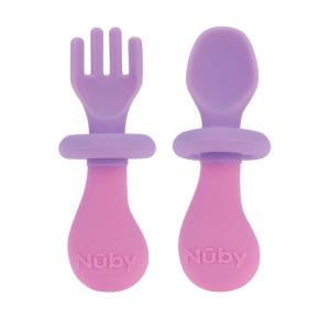 image:imageNuby First Fork and Spoon Set  Utensils with Safety Guards for Babies 6 Months  Orange and AquaPink  Purple