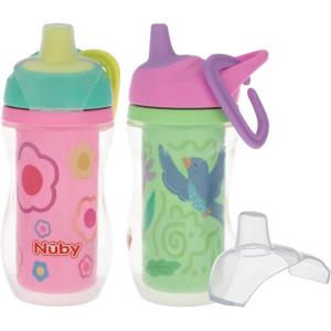 image:imageNuby Active Sipper Insulated Toddler Cup with NoSpill VariFlo Valve  2 Pack 9 oz  Easy Grip Design with Carabiner Clip  18 Months  2 Pack  GirlPinkGreen
