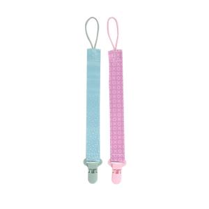 image:imageNuby Pacifinder Baby Pacifier Clip  2Pack  Pacifier Holder Clip with Convenient Hook Loop  Blue Dots and Green DinoGreen Dots and Pink Xo
