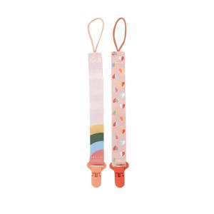 image:imageNuby Pacifinder Baby Pacifier Clip  2Pack  Pacifier Holder Clip with Convenient Hook Loop  Blue Dots and Green DinoPeach With Stripes and Peach With Hearts