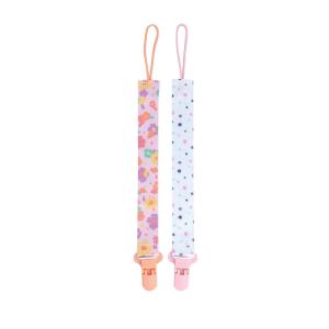 image:imageNuby Pacifinder Baby Pacifier Clip  2Pack  Pacifier Holder Clip with Convenient Hook Loop  Blue Dots and Green DinoPink Flowers and White With Polka Dots