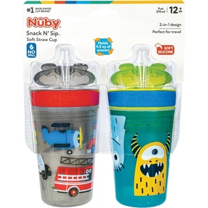 image:imageNuby All in One Snack Bowl and No Spill Soft Straw Cup  2 Pack Aqua Ocean Animals amp Green Puppy Dogs  Snack N Sip Holds 45 oz Container with Lid and 9 oz 270 ml Straw Cup 12 Months Aqua MonstersGrey Cars