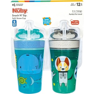 image:imageNuby All in One Snack Bowl and No Spill Soft Straw Cup  2 Pack Aqua Ocean Animals amp Green Puppy Dogs  Snack N Sip Holds 45 oz Container with Lid and 9 oz 270 ml Straw Cup 12 Months Aqua OceanGreen Puppies