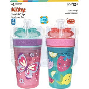 image:imageNuby All in One Snack Bowl and No Spill Soft Straw Cup  2 Pack Aqua Ocean Animals amp Green Puppy Dogs  Snack N Sip Holds 45 oz Container with Lid and 9 oz 270 ml Straw Cup 12 Months Aqua FruitsPink Butterflies